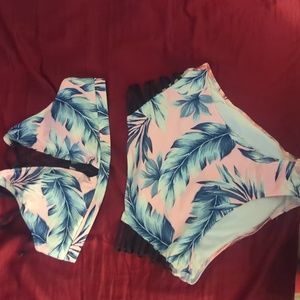 Pink floral high waisted swim suit